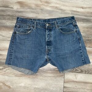Distressed Levi's 501 Cut Off Denim Jean Shorts 34 Blue Jorts Dark‎ Grunge 5"